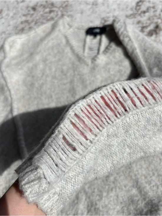 LINE the Label V-Neck Hollow Out/Distressed Cream Grey Sweater - Picture 4 of 8